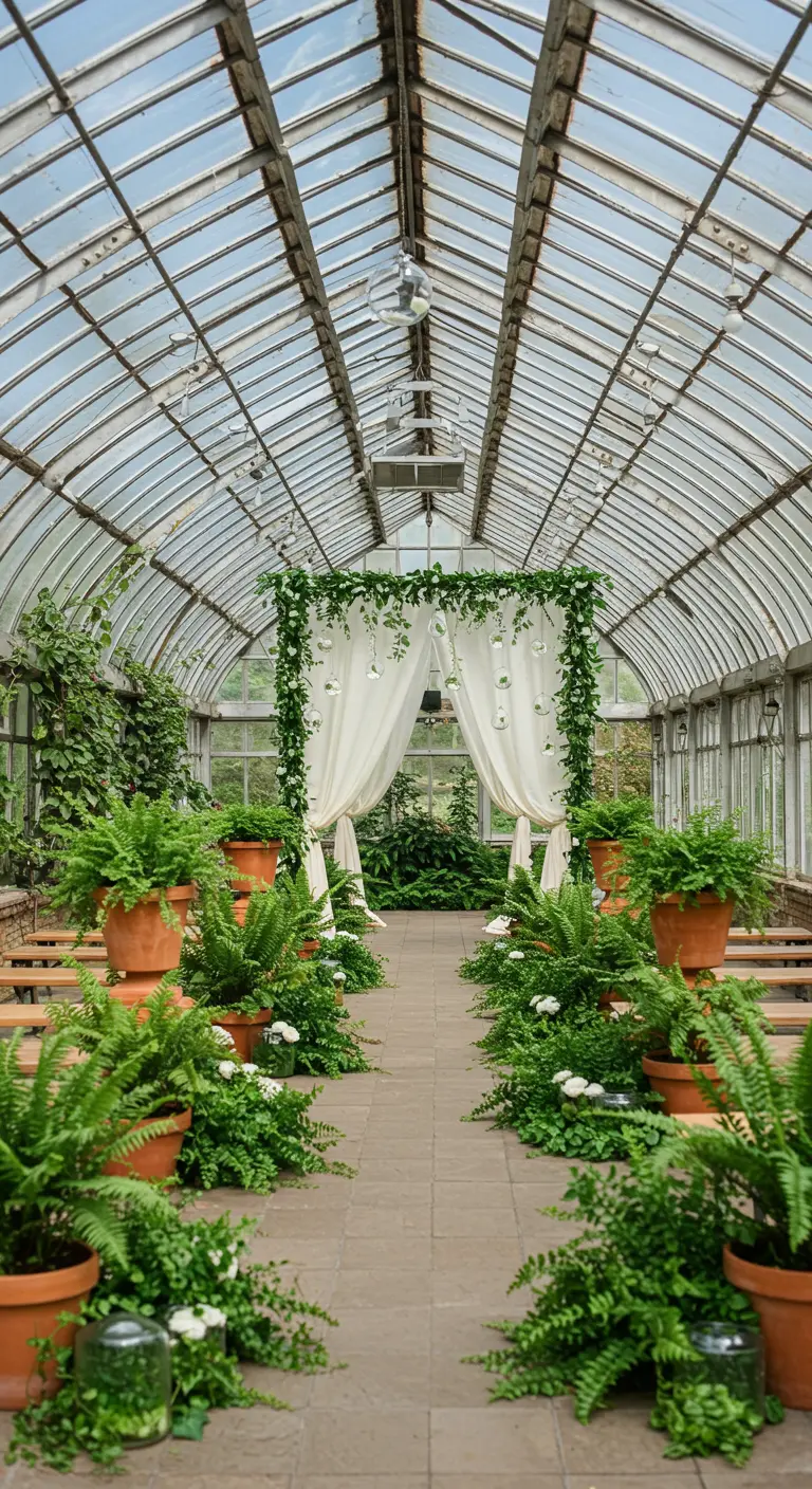 Bruiloftsceremonie in een kas met een weelderige groene boog en potplanten langs het gangpad.