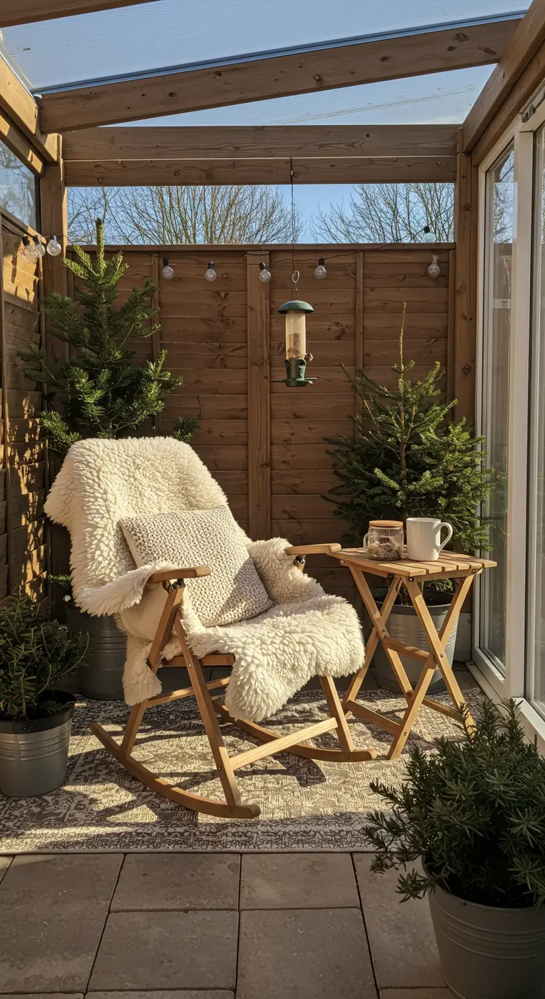 Houten inklapbare schommelstoel met schapenvacht en kussens in een lichte serre met planten.