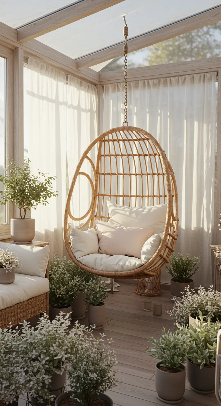 Rotan eivormige hangstoel met witte kussens in een lichte serre met veel planten.