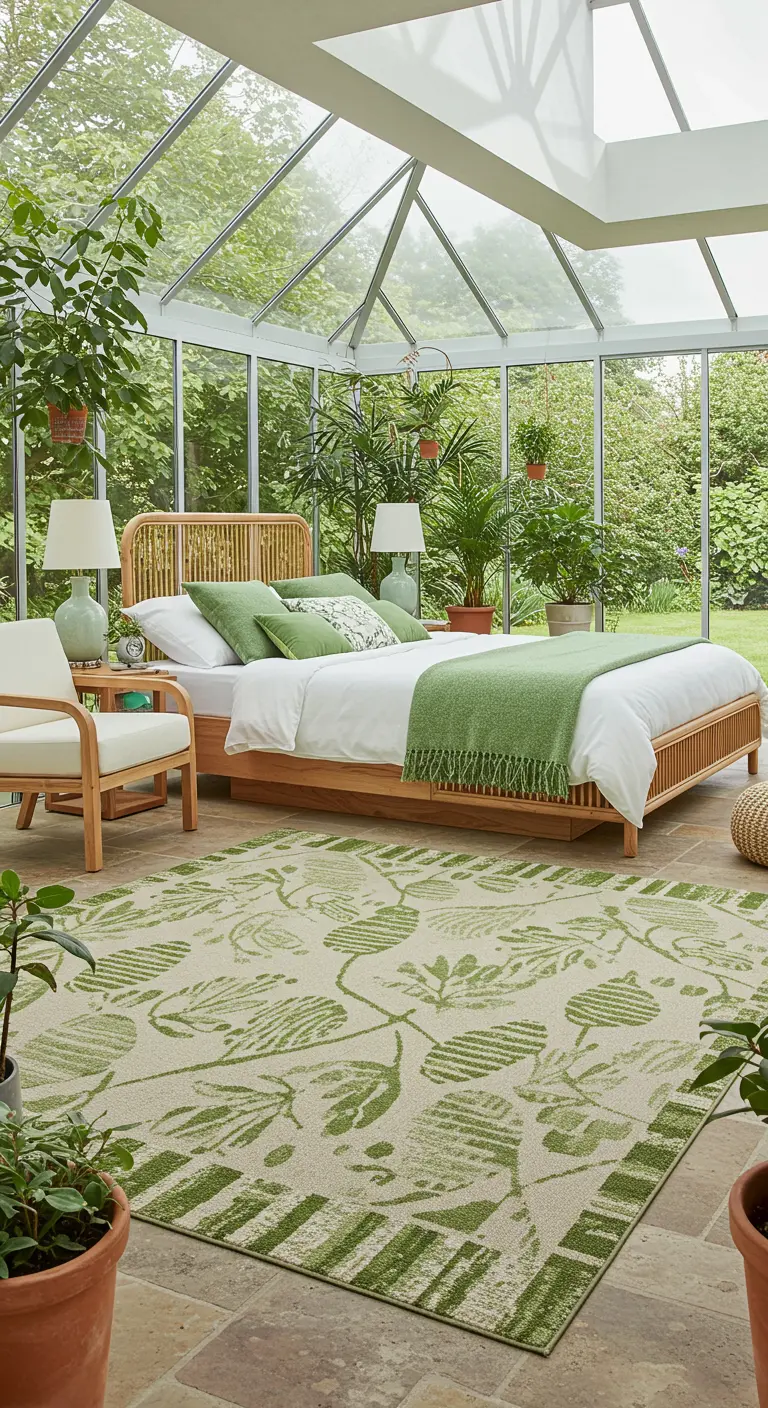 Lichte serre-slaapkamer met veel planten en een groen-wit vloerkleed met bladmotief.