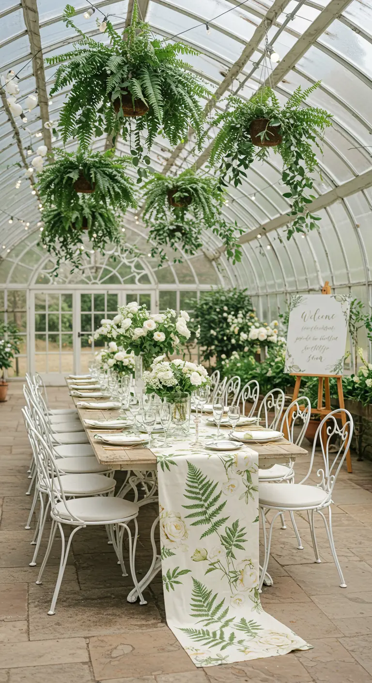 Lange eettafel in lichte serre met botanische tafelloper en hangende varens.