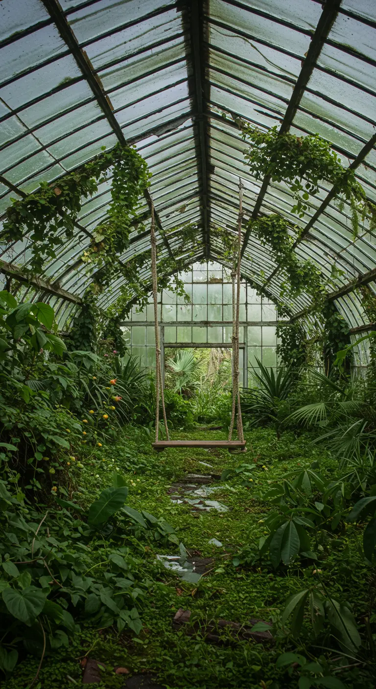 Oude kas vol overwoekerde groene planten en een houten schommel in het midden.