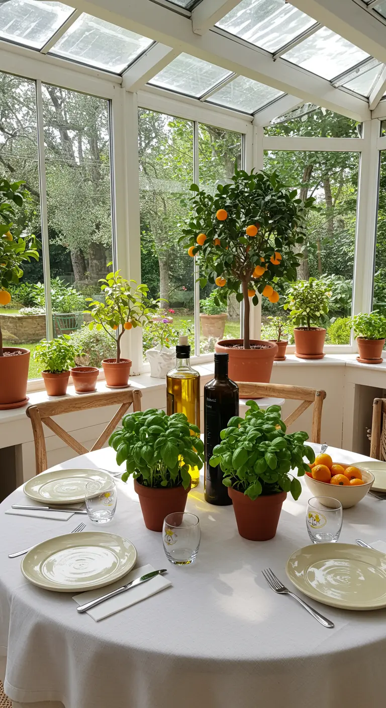Ronde tafel in serre met citrusbomen, basilicumplanten en olijfolieflessen.