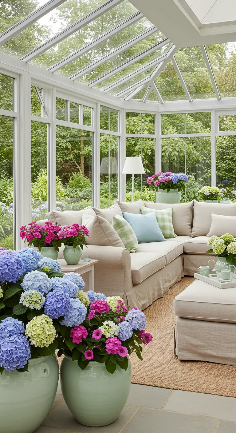 Serre met beige loungebank, pastel kussens, grote pastelkleurige hortensia's in potten.