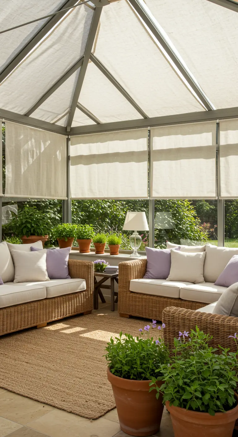 Serre met rotan meubels, witte kussens, lavendel accenten, terracotta plantenpotten.