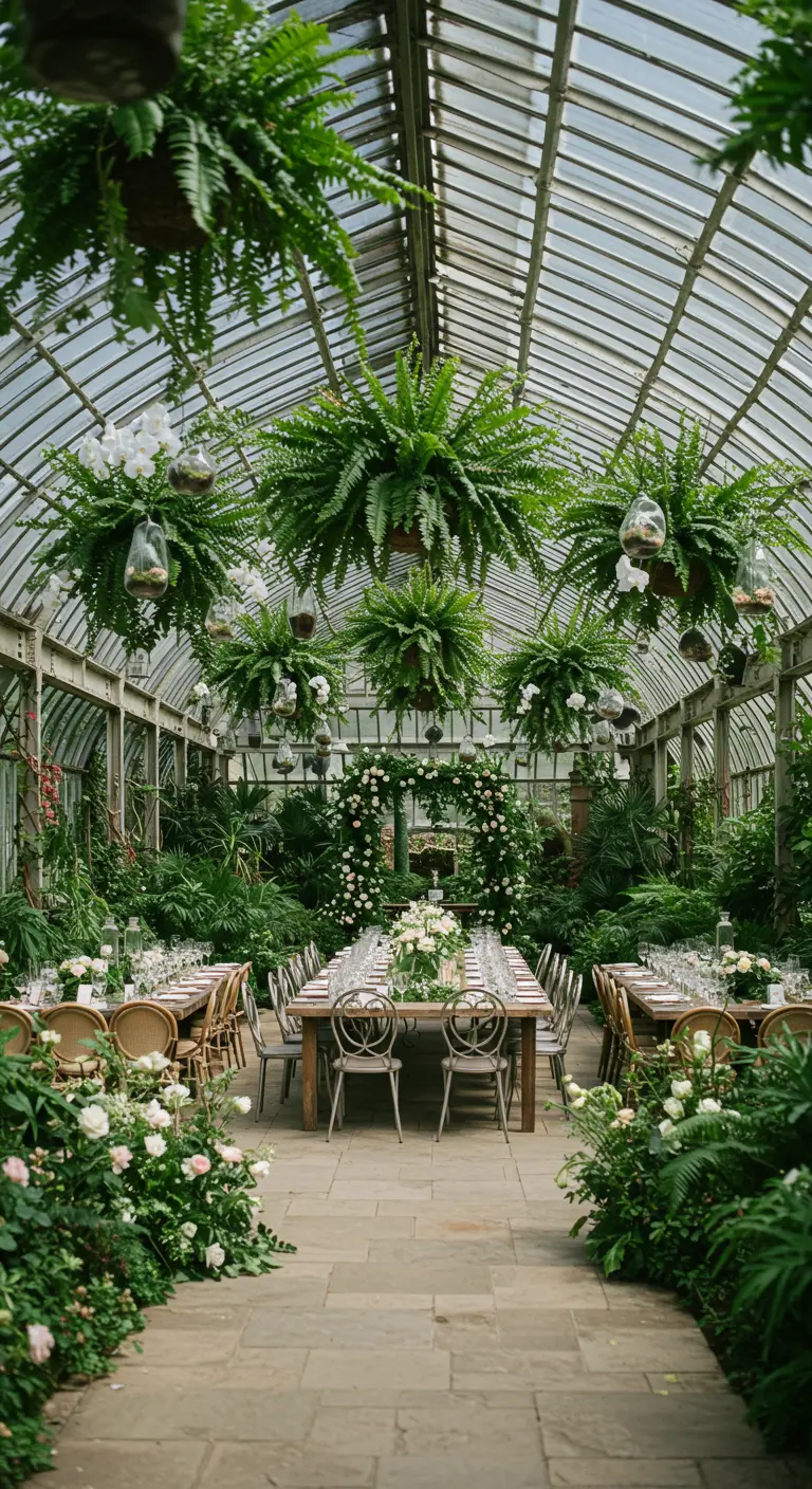 Trouwlocatie in een glazen serre vol hangplanten, witte bloemen en lange gedekte tafels.
