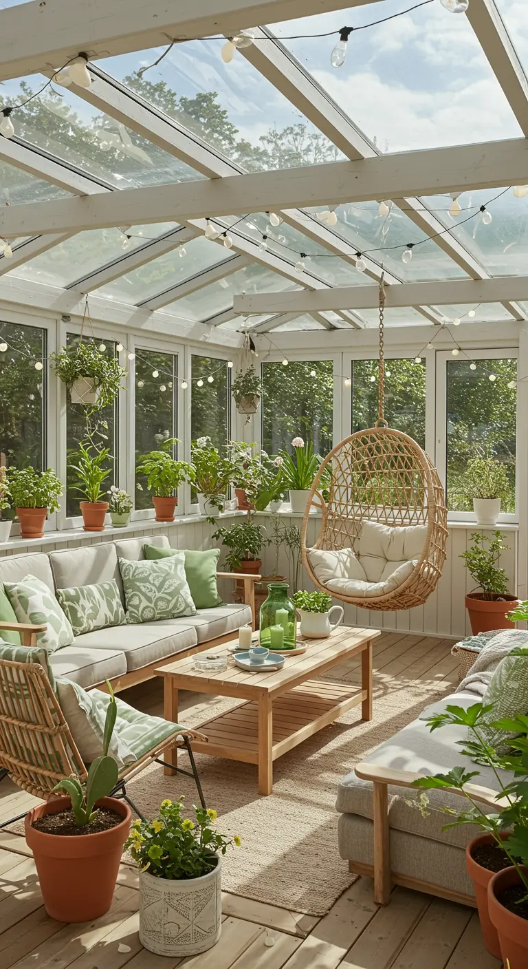 Lichte serre-achtige woonkamer met veel planten, rotan hangstoel en houten meubels.