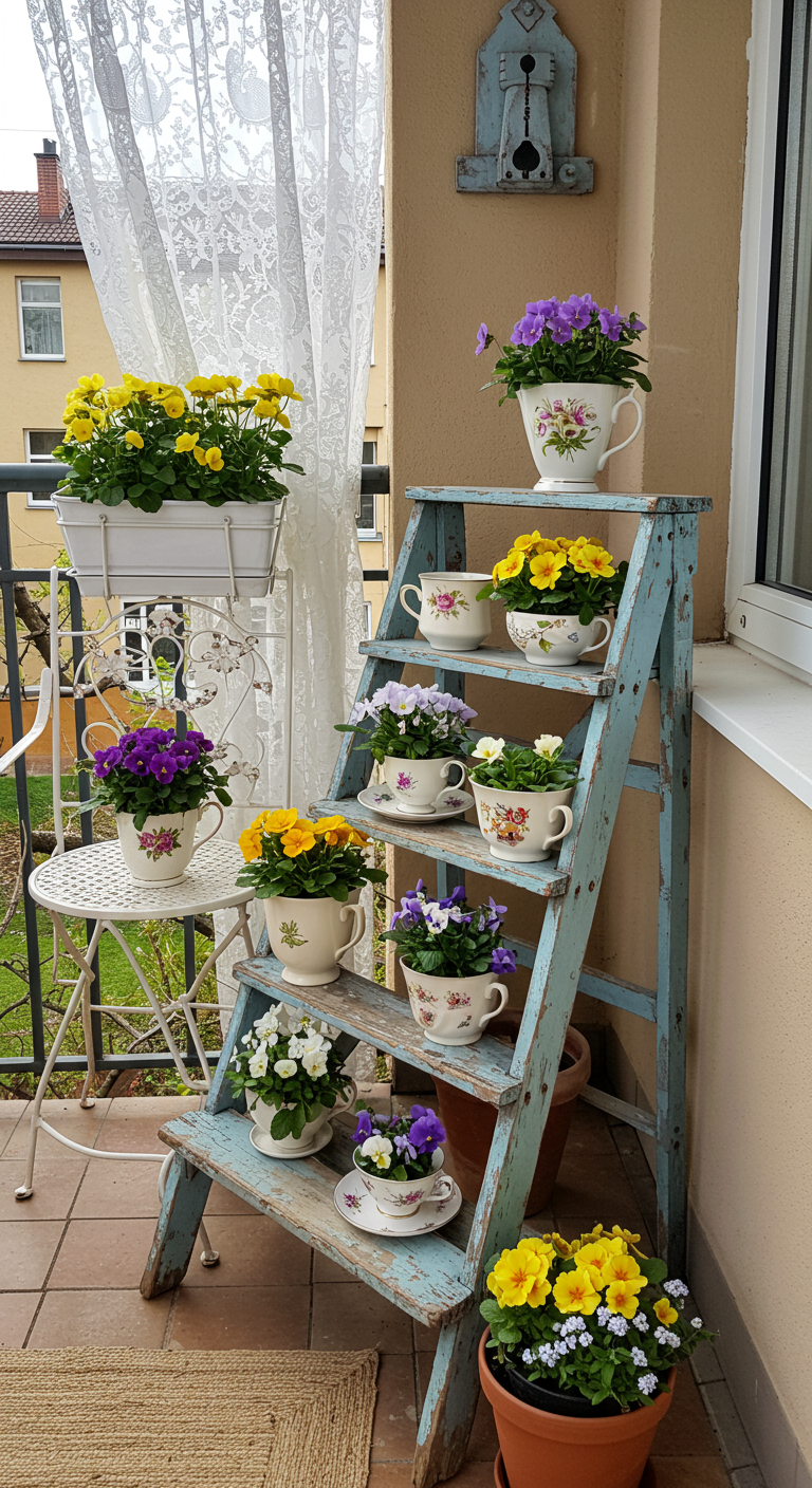 Blauwgeverfde houten ladder met planten in vintage kopjes en schoteltjes.