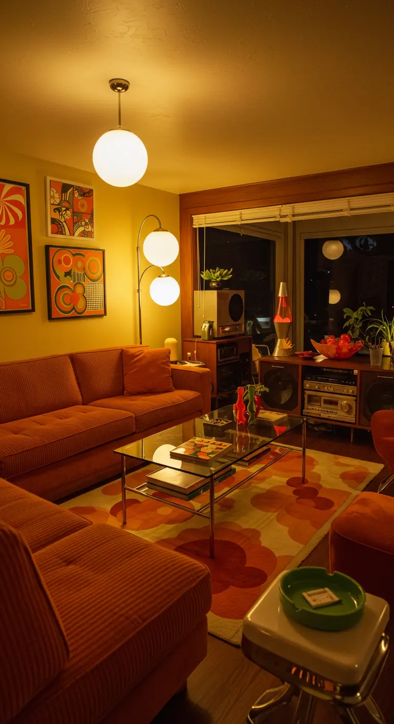 Jaren '70 woonkamer met oranje corduroy bank, grafische prints en retro accessoires.