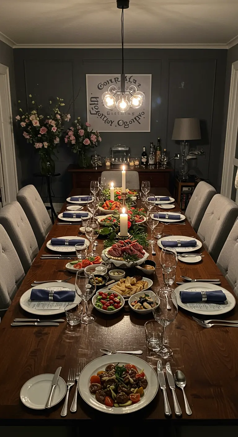 Elegant gedekte lange eettafel met kaarslicht in donkere kamer.