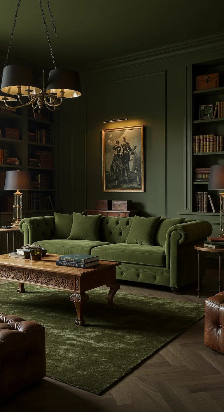 Donkergroene woonkamer met fluwelen chesterfield bank, volle boekenkasten en klassieke kunst.