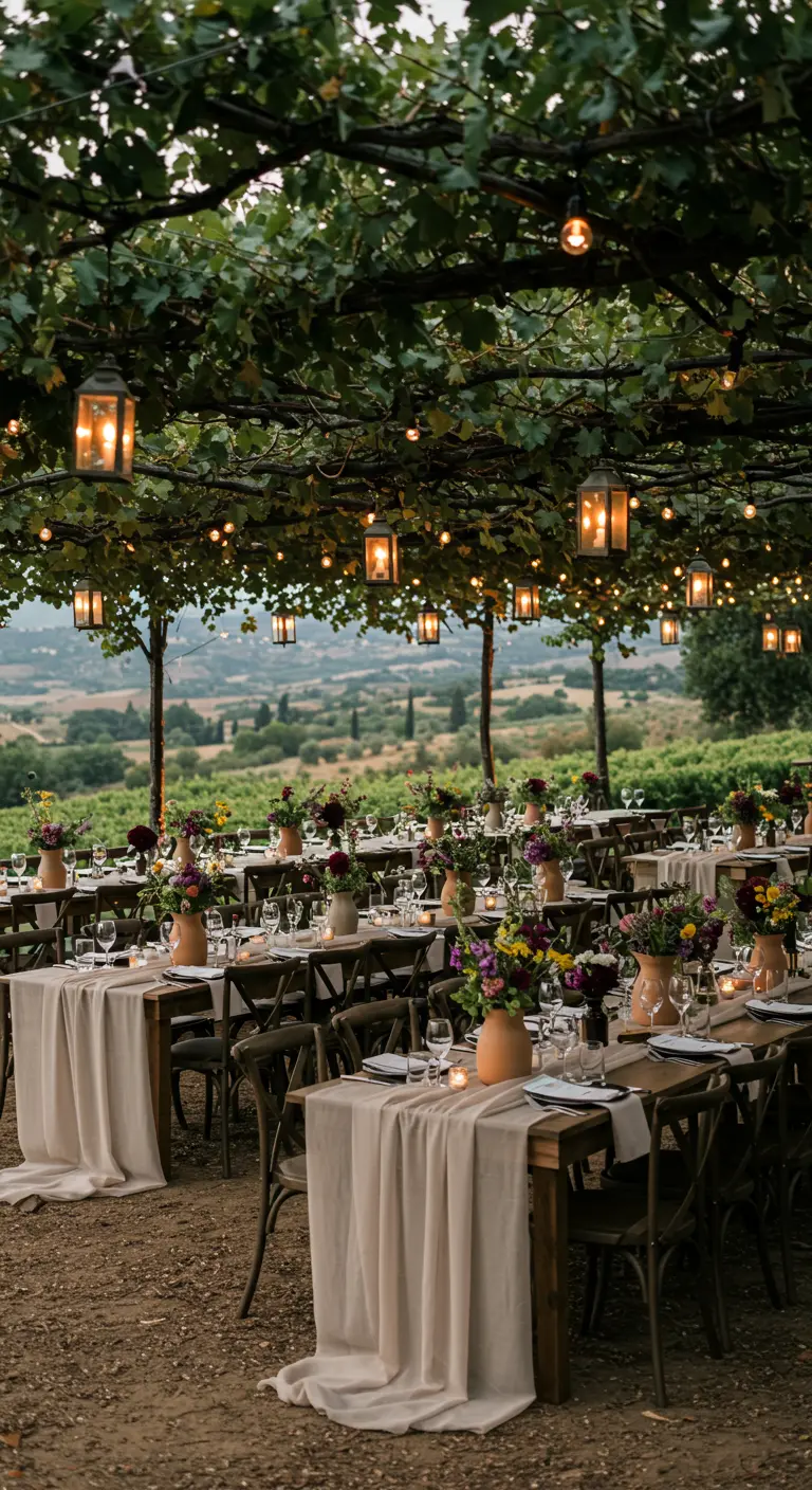 Avonddiner in wijngaard met string lights, lantaarns en wilde bloemen