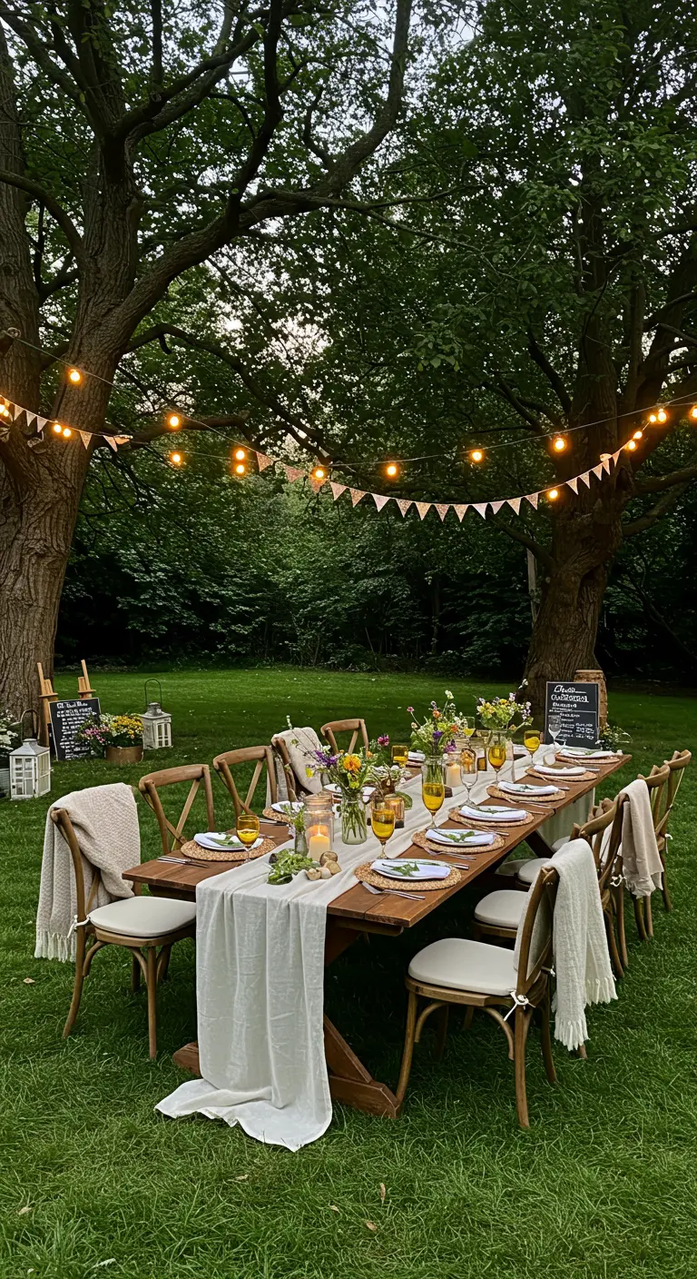 Lange houten eettafel in tuin met lichtslingers en rustieke decoratie.