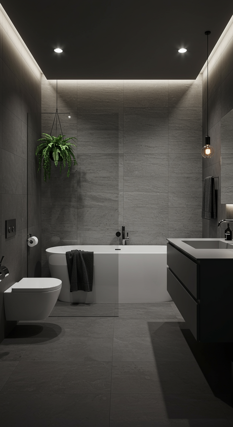 Moderne donkergrijze badkamer met vrijstaand bad, hangplant en indirecte verlichting.
