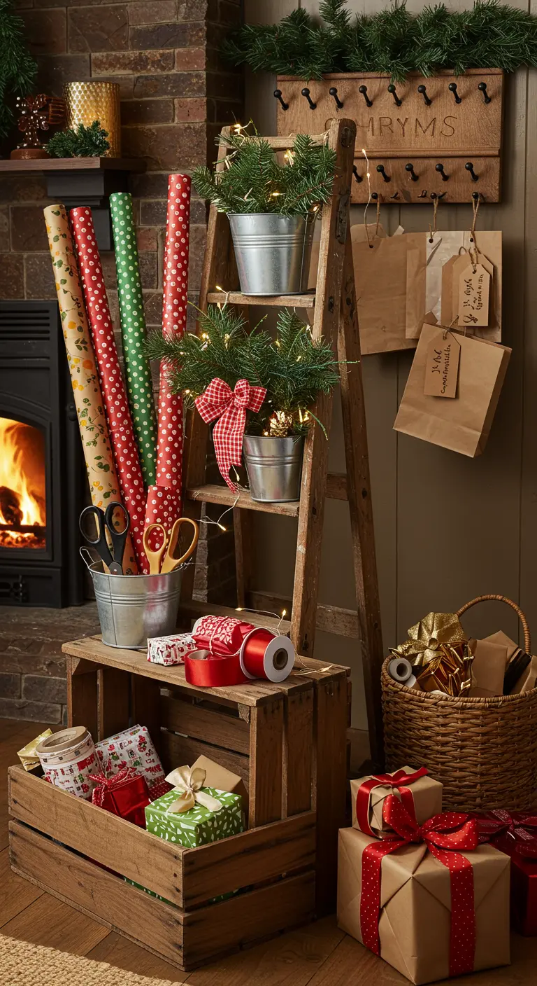 Kerst inpakhoek met een houten ladder, kratten vol inpakpapier, linten en cadeaus bij een open haard.