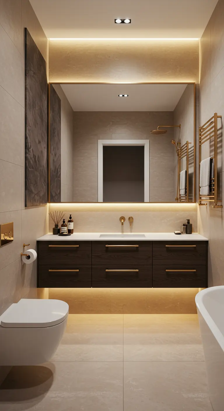 Moderne badkamer met donkerhouten meubel en indirecte gouden verlichting