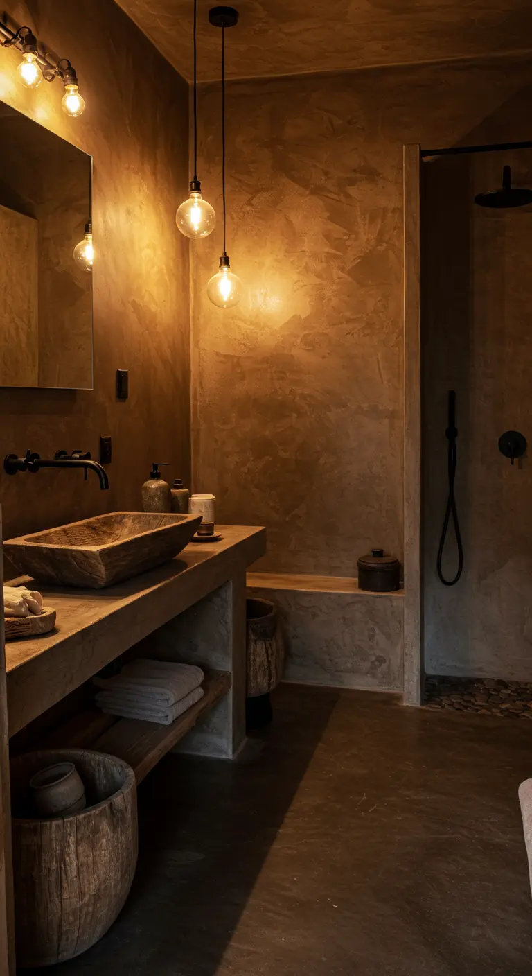 Donkere badkamer met getextureerde muren, houten wastafel en sfeerverlichting.