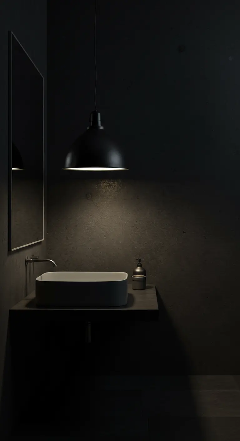 Donkere badkamer met zwevende wastafel en een enkele zwarte hanglamp erboven.