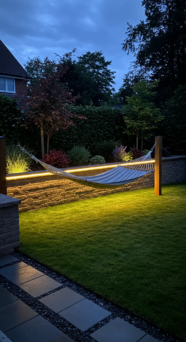 Gestreepte hangmat in de avond, verlicht door LED-strip langs een gemetselde border.