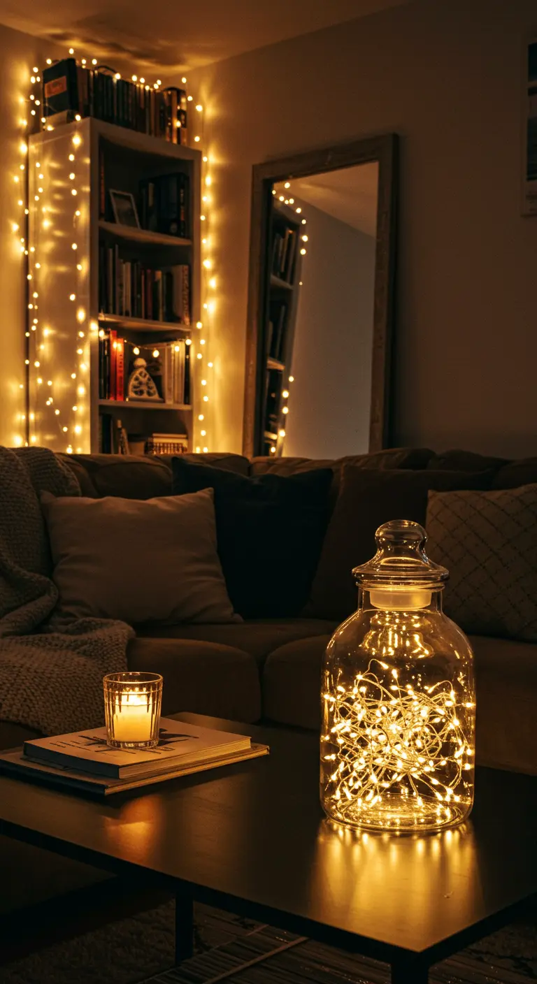 Glazen pot gevuld met warme LED-lichtjes op een salontafel, met kaars ernaast.