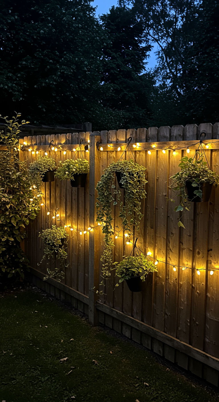 Houten schutting 's avonds met hangende planten en een sfeervol lichtsnoer met grote bollen.