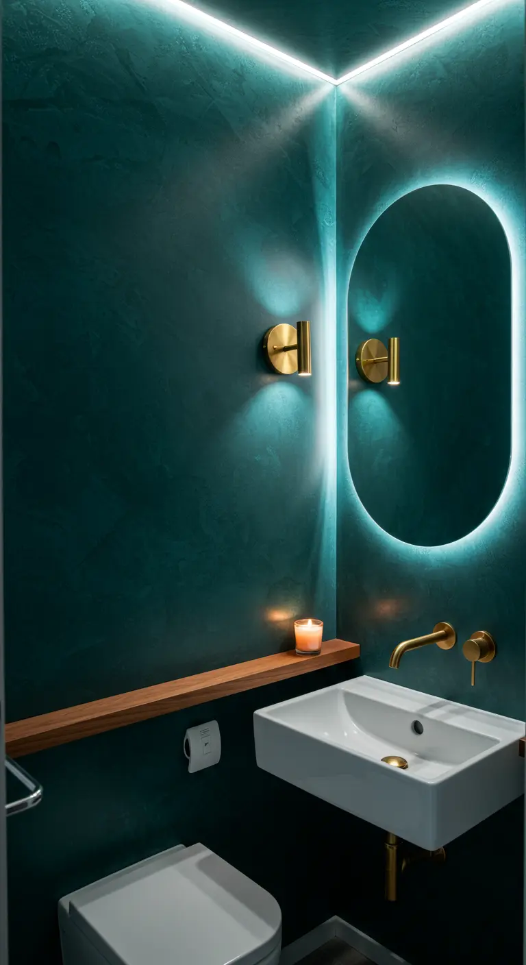 Donkere badkamer met indirecte LED-verlichting achter spiegel en langs plafond.