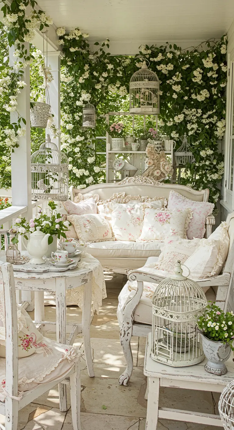 Veranda in shabby chic stijl met witte meubels, rozenprint kussens en vogelkooien.