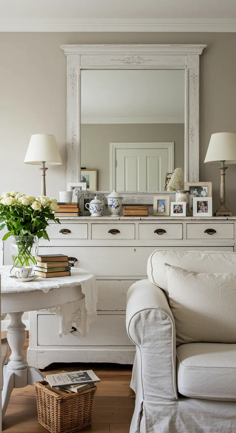 Grote, witgeschilderde spiegel met elegante ornamenten op een wit dressoir in een lichte kamer.