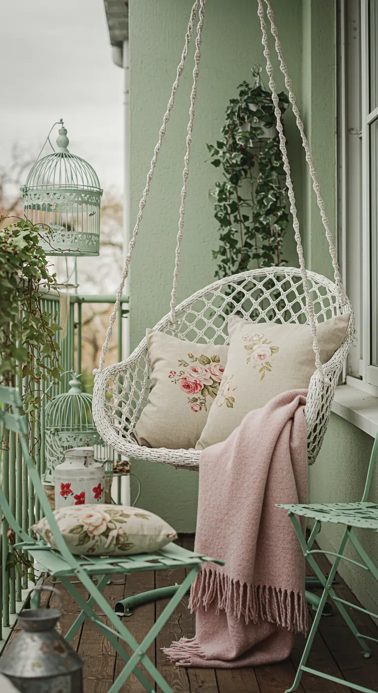 Witte macramé hangstoel met rozenprint kussens en een roze plaid in een pastelgroene setting.