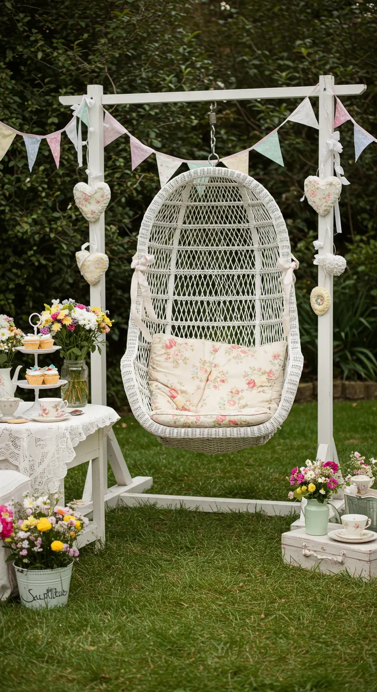 Witte rieten hangstoel met bloemenkussen, vlaggetjes en theeservies in de tuin.