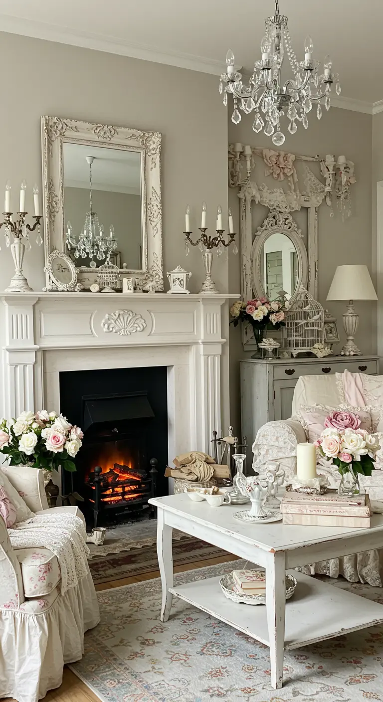 Shabby chic woonkamer met witte schouw, kristallen kroonluchter en roze bloemen.