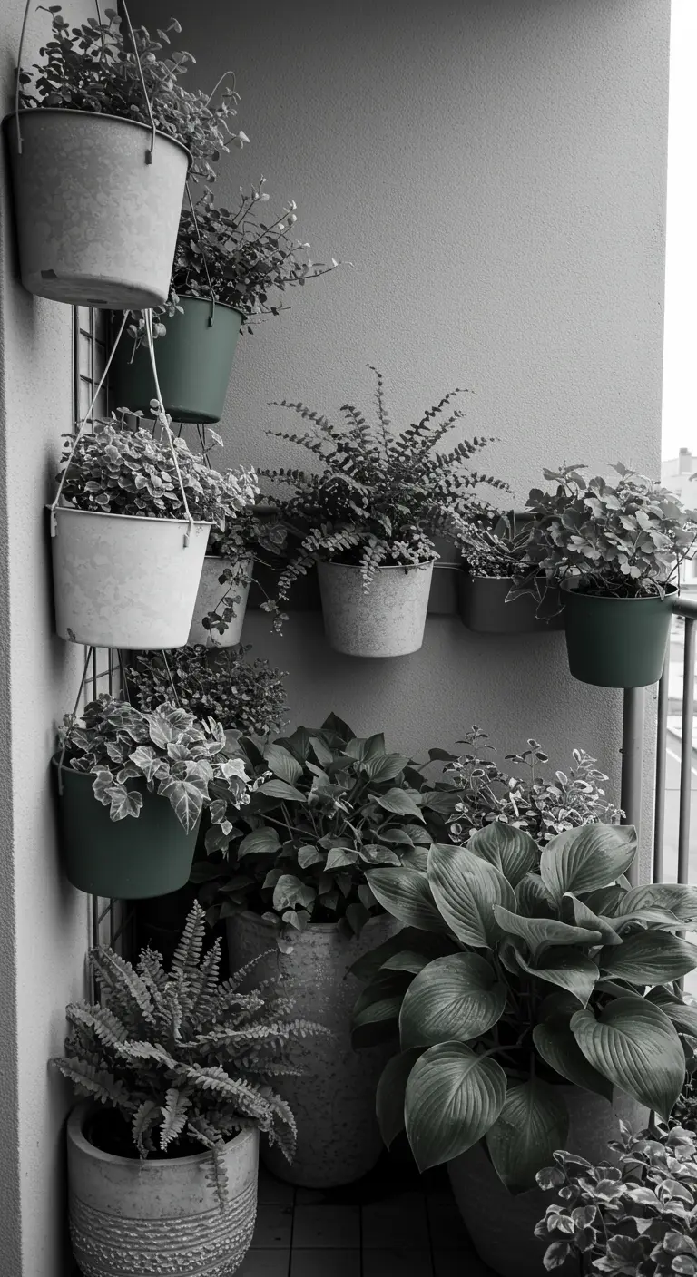 Verschillende groene hangpotten en staande potten met diverse groene planten tegen een grijze muur.