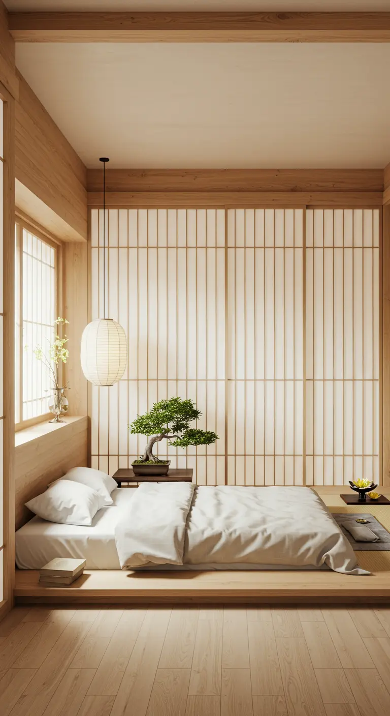 Slaapkamer in Japanse stijl met shoji-schermen en zacht licht.