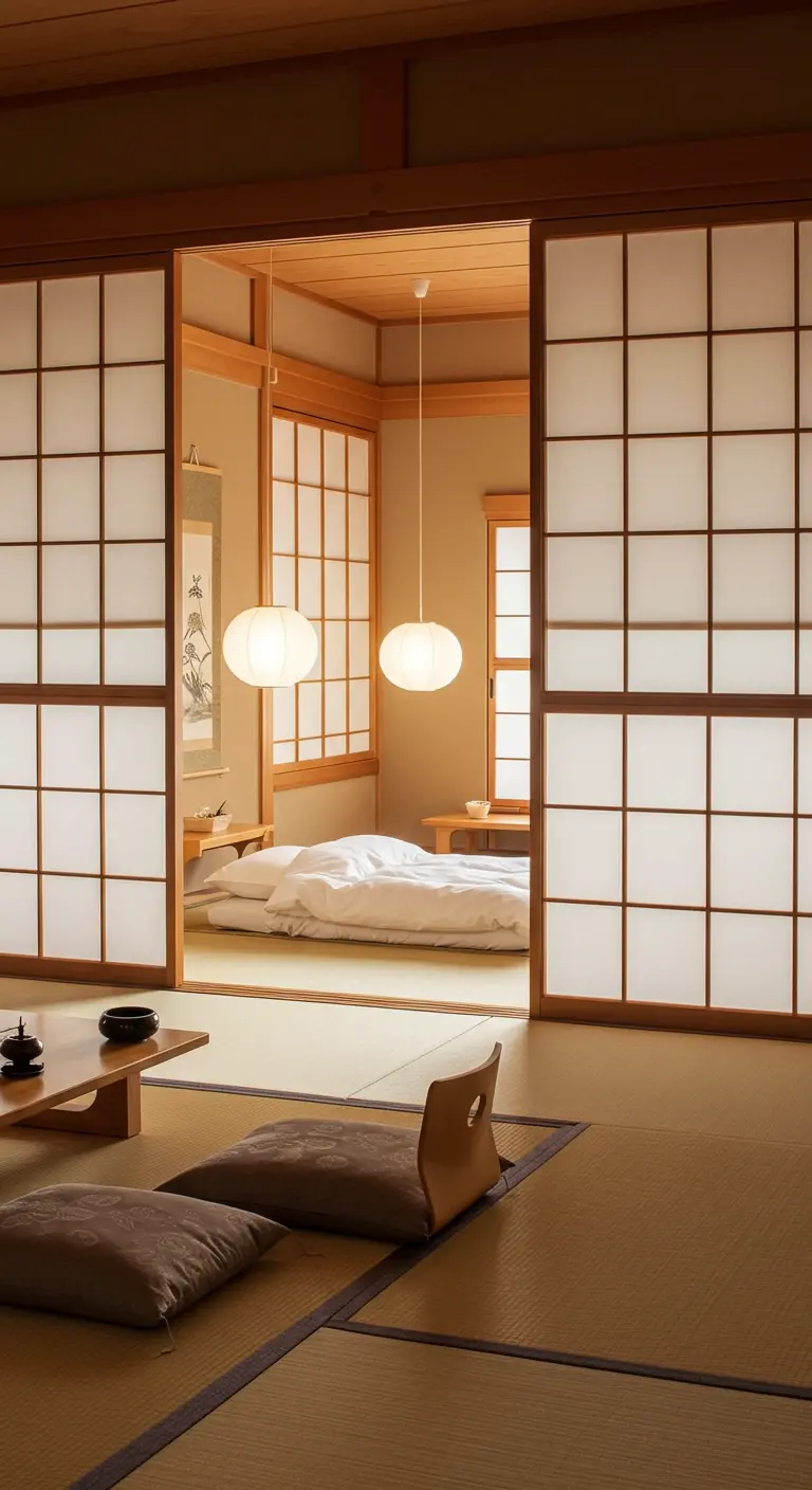Traditionele Japanse slaapkamer met Shoji schuifdeuren die naar een andere ruimte leiden.