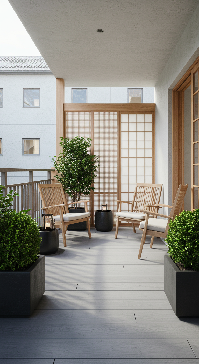 Balkon met houten stoelen, planten en shoji-achtige panelen voor privacy en gefilterd licht.