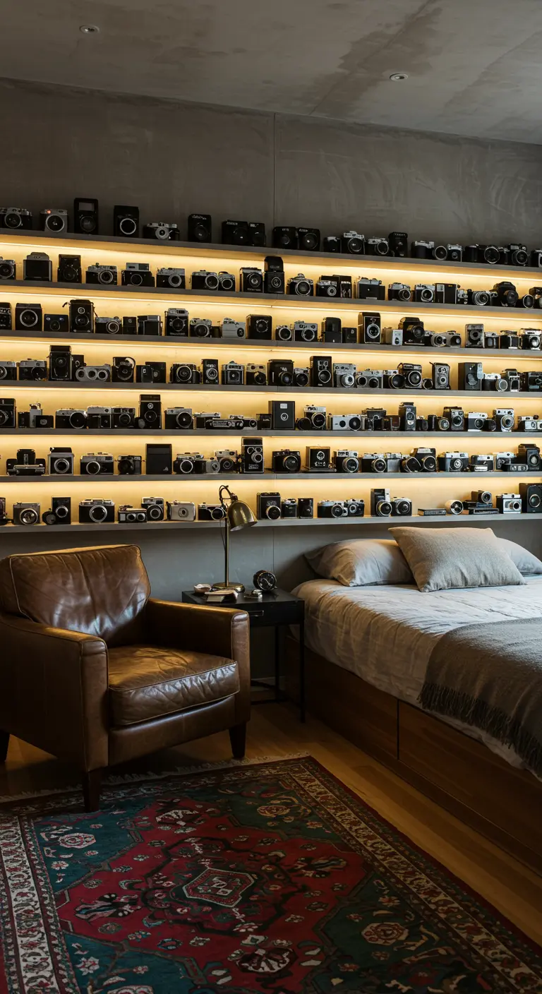 Slaapkamer met een wand vol verlichte planken met een verzameling camera's.