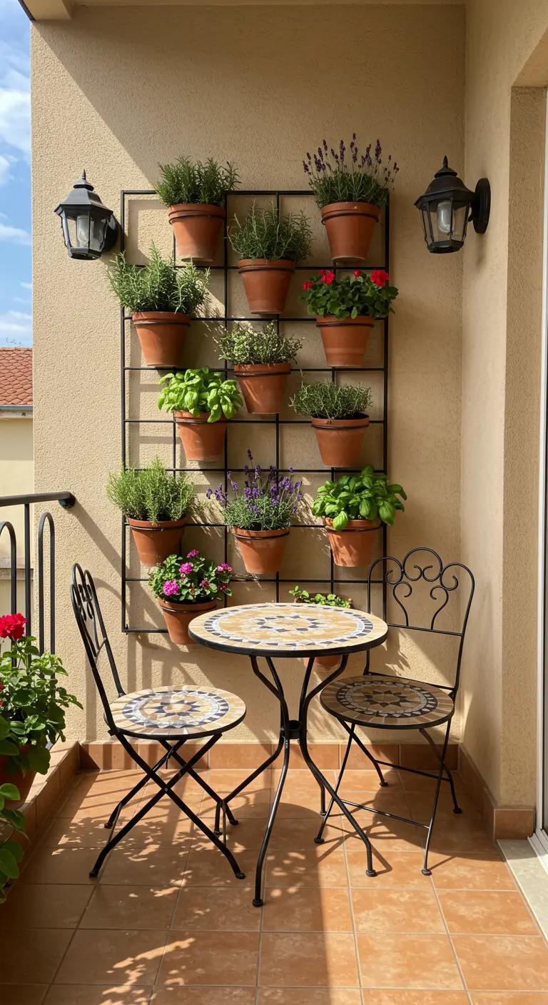 Mediterrane verticale kruidentuin op een balkon met smeedijzeren rek en terracotta potten.