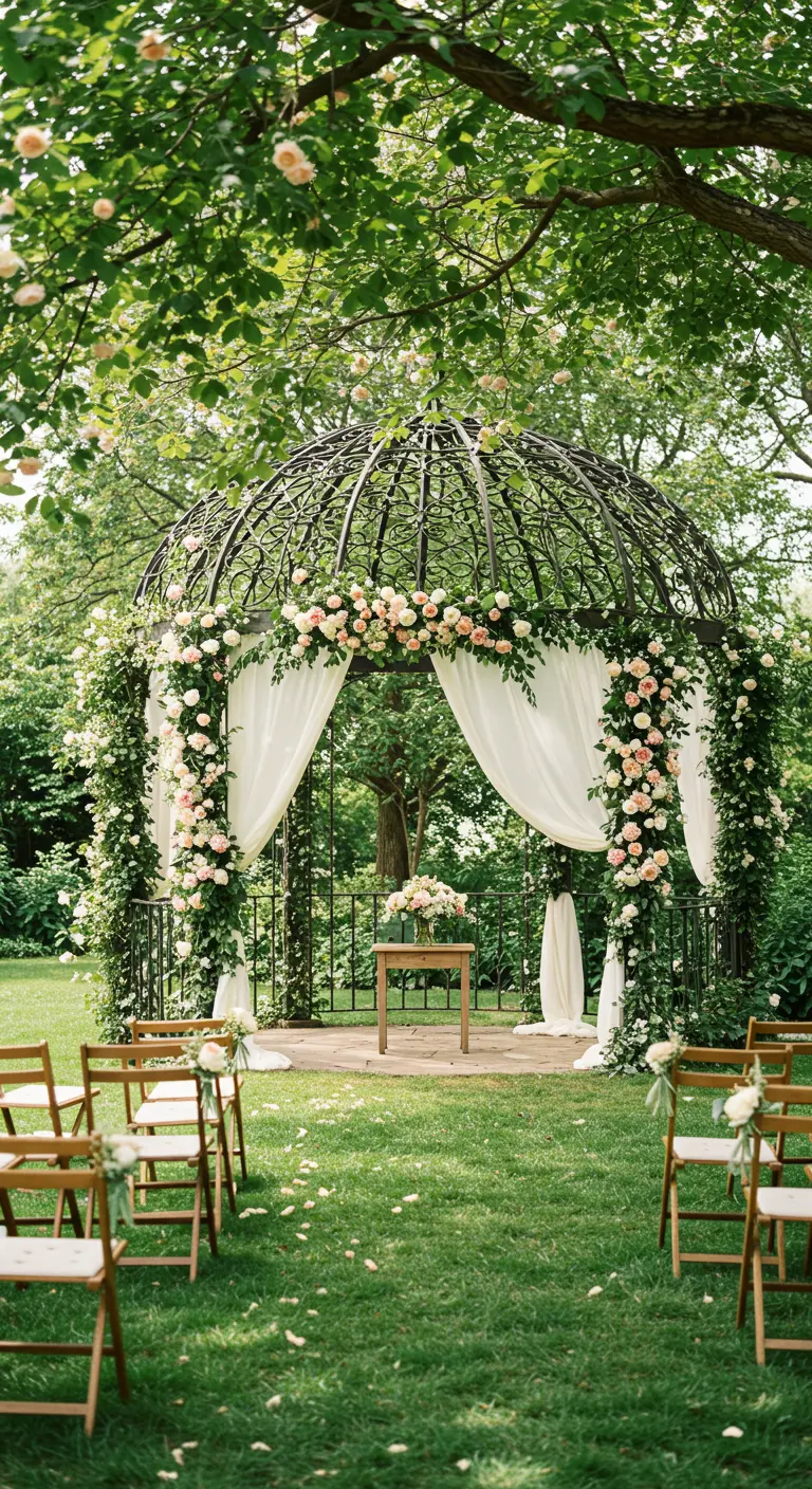 Gazebo met witte draperieën en rozen, opstelling met houten klapstoelen in tuin.