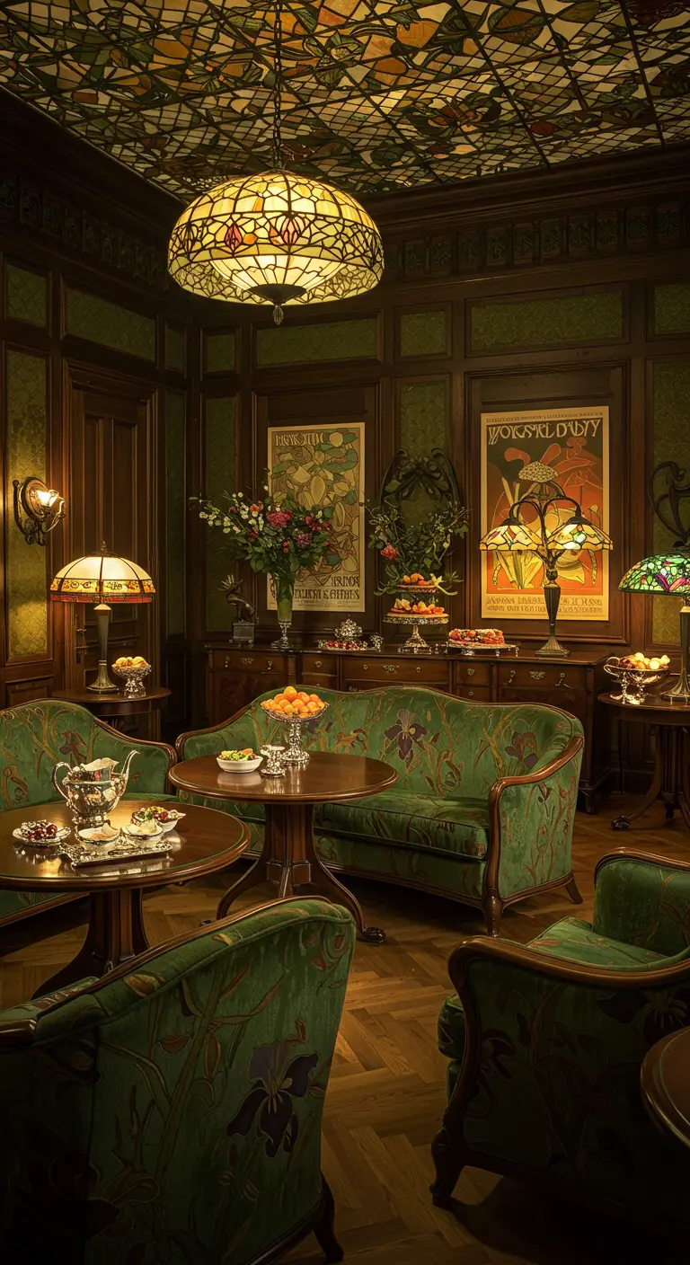 Art Nouveau salon verjaardagsfeest met Tiffany lampen en fluweel.