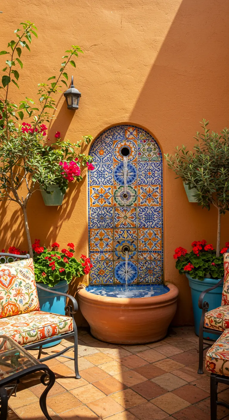 Mozaïek tegelwand met fontein in mediterrane patio-stijl.
