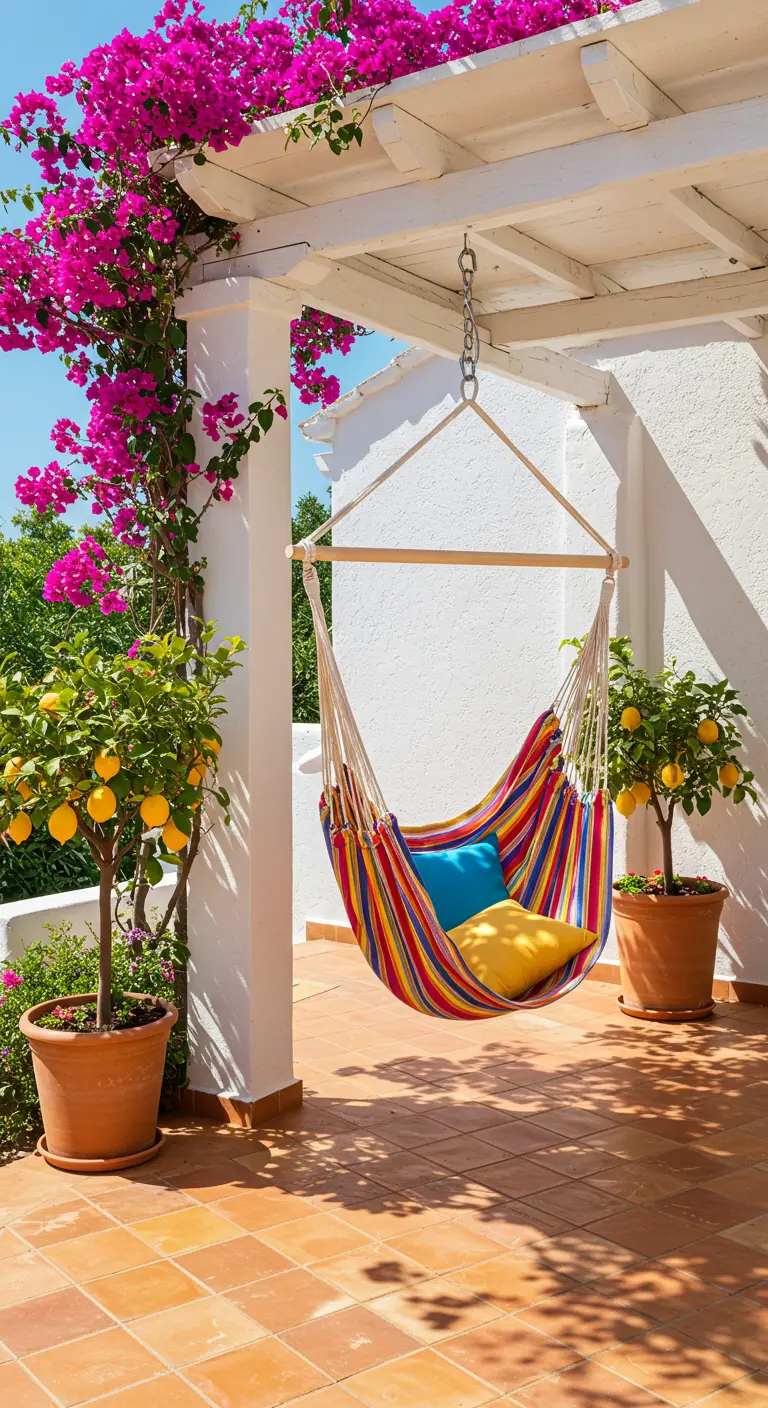 Gekleurde hangmat onder witte pergola met bougainvillea en citroenbomen.