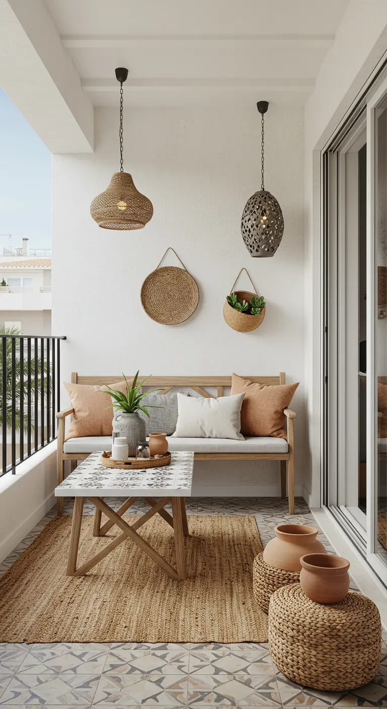 Balkon met houten bank, lichte kussens, jute kleed en hangende rotan lampen.