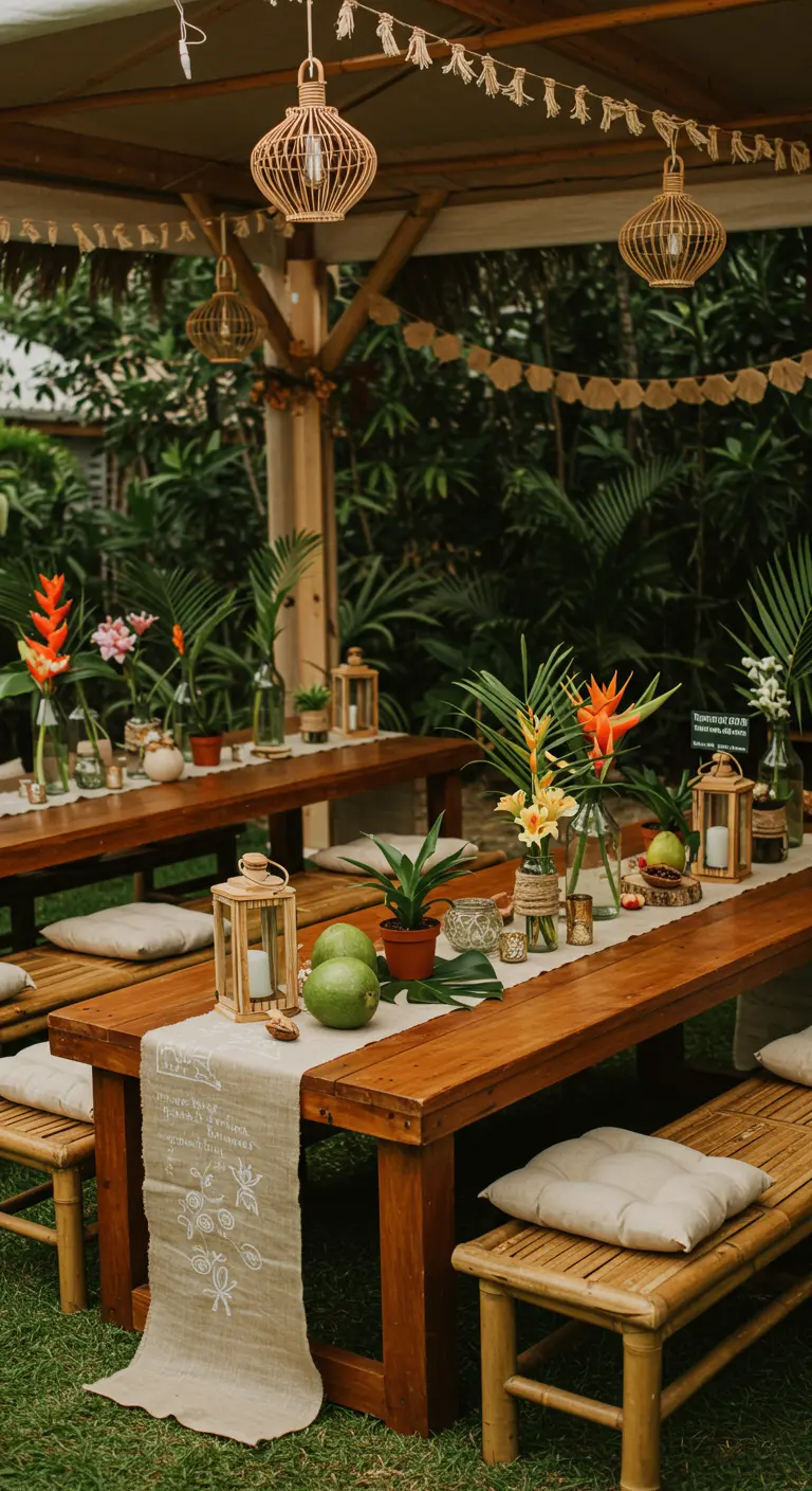 Lange houten tafel met linnen loper, simpele bloemvaasjes met tropische bloemen en lantaarns.