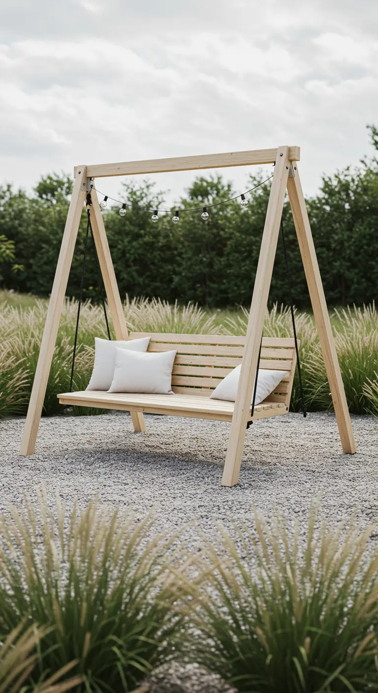 Houten schommelbank met witte kussens en lichtsnoer in tuin.