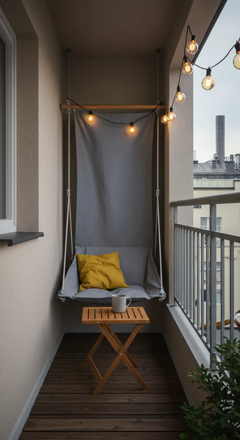 Grijze stoffen hangstoel met geel kussen, lichtsnoer en klein houten tafeltje.