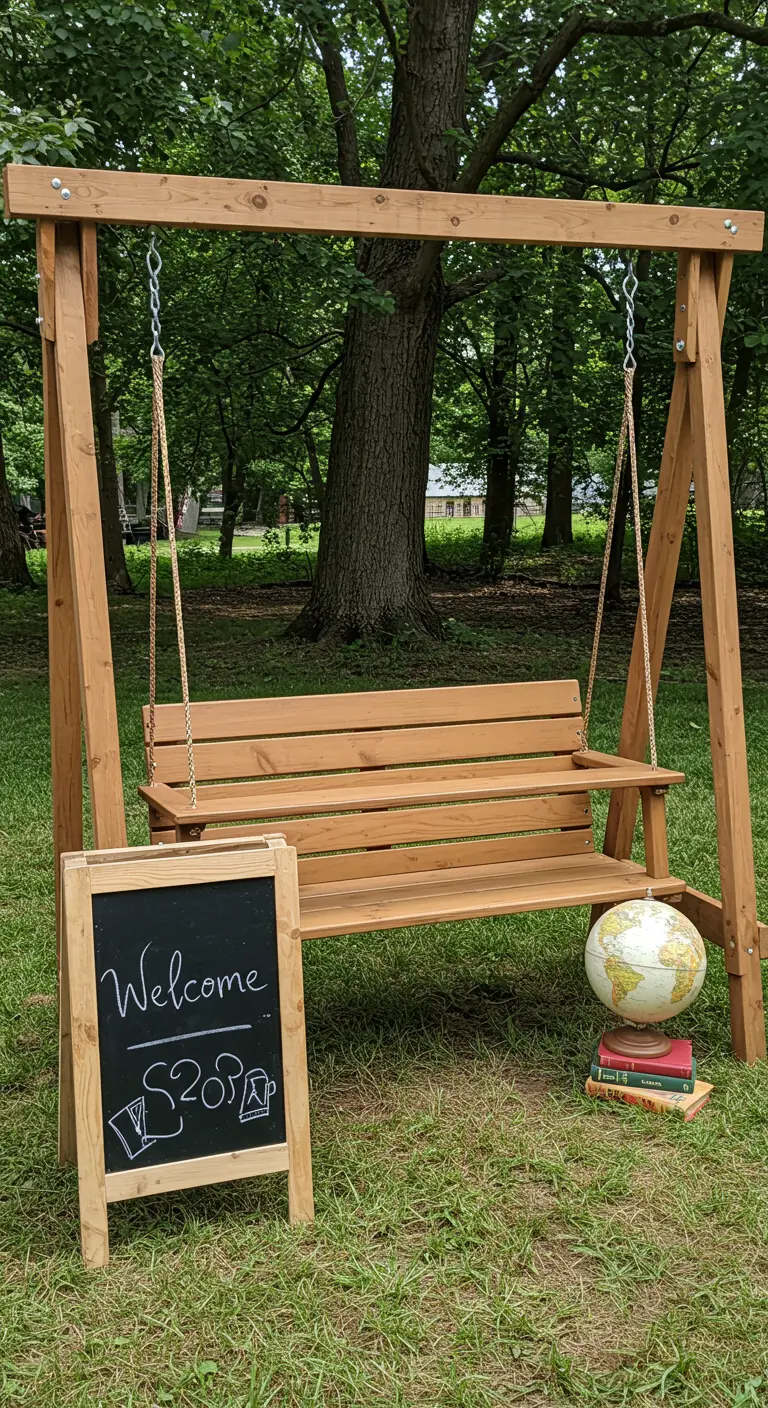 Simpele houten schommelbank met frame en een schoolbordje 'Welcome'.