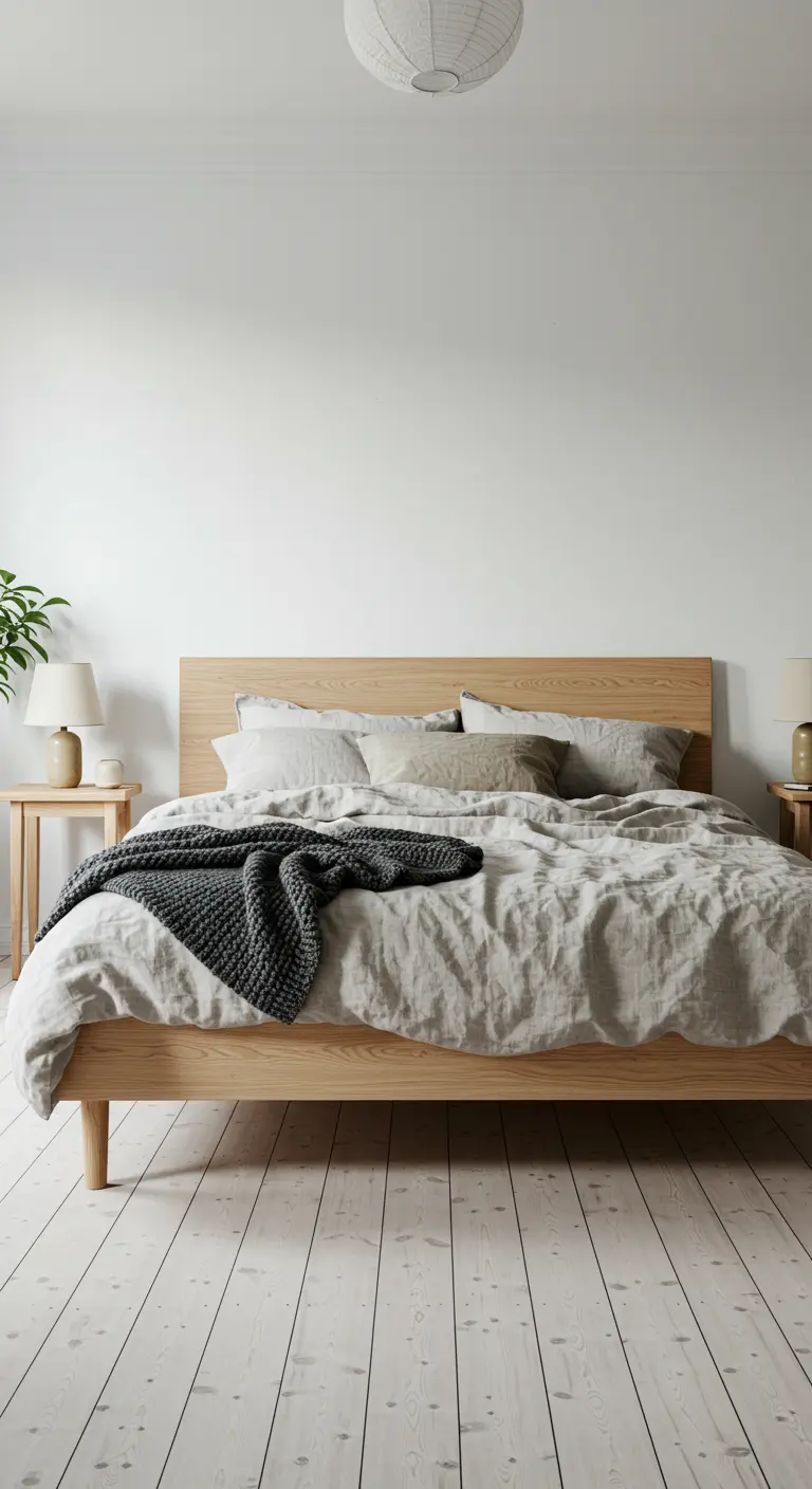 Minimalistisch Scandinavisch bed met licht houten frame en grijs linnen beddengoed.