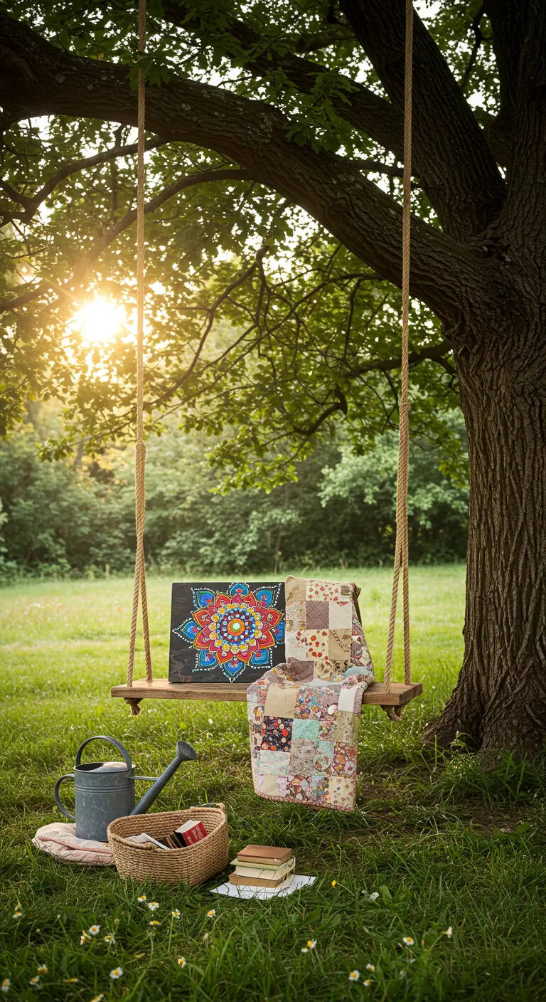 Houten schommelplank onder een boom met patchwork deken en mandala kussen.