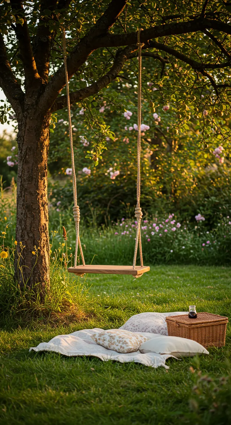 Eenvoudige houten schommel aan een boom, met een picknickkleed en kussens op het gras.