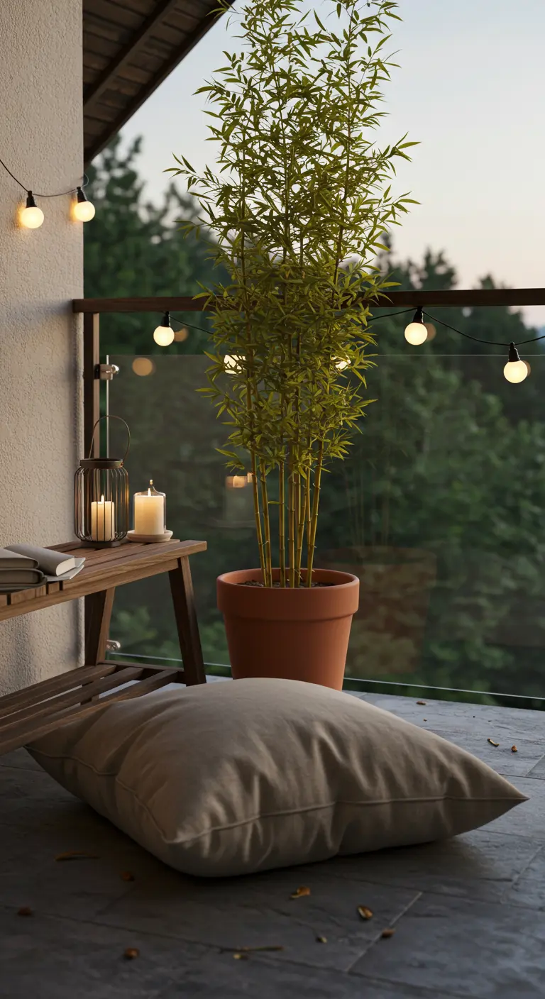 Minimalistisch balkon met bamboeplant, vloerkussen en sfeerverlichting.